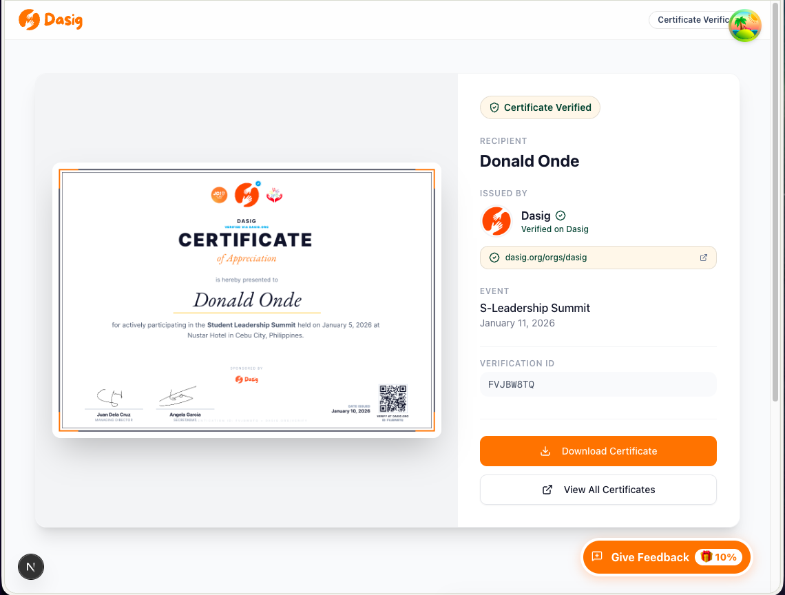 Dasig certificate download and verification page with QR code