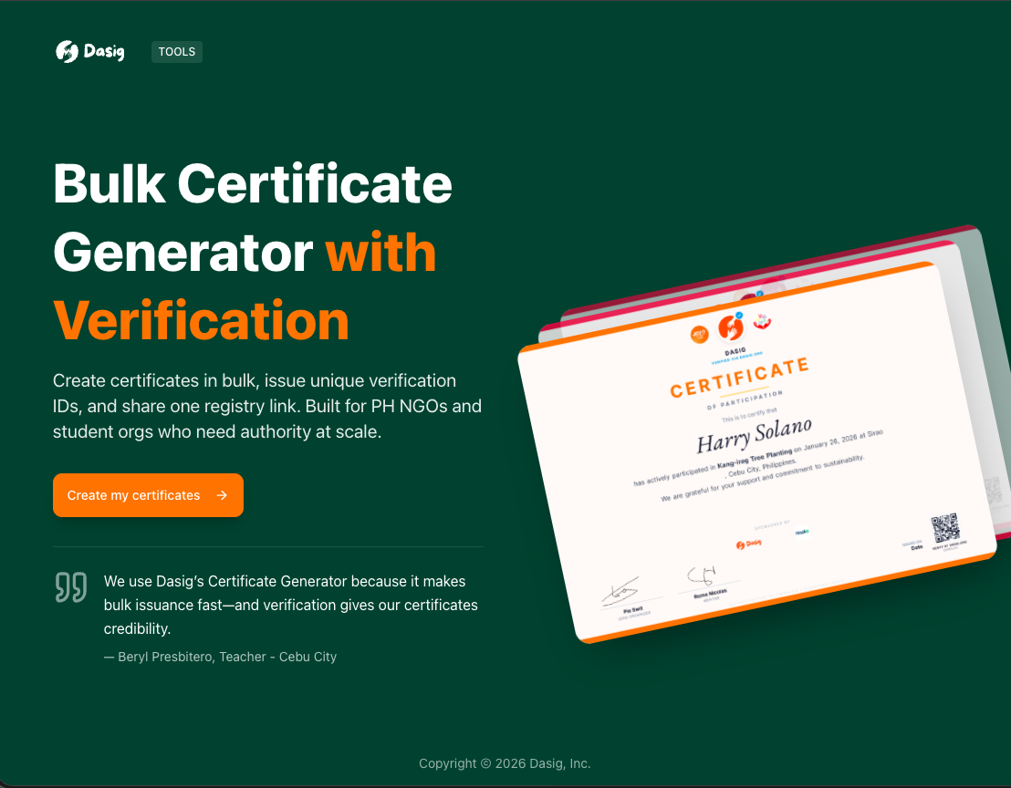 Dasig Certificate Generator landing page