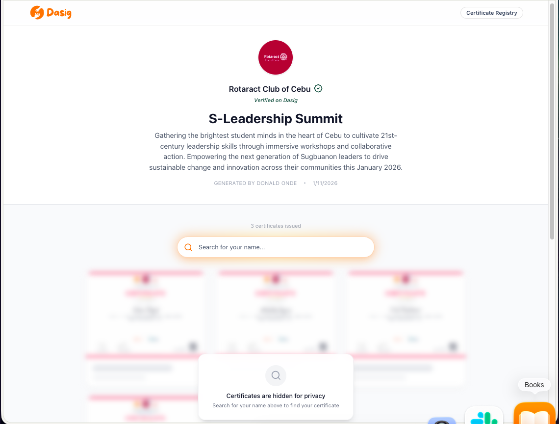 Dasig certificate registry page — recipients search their name to download