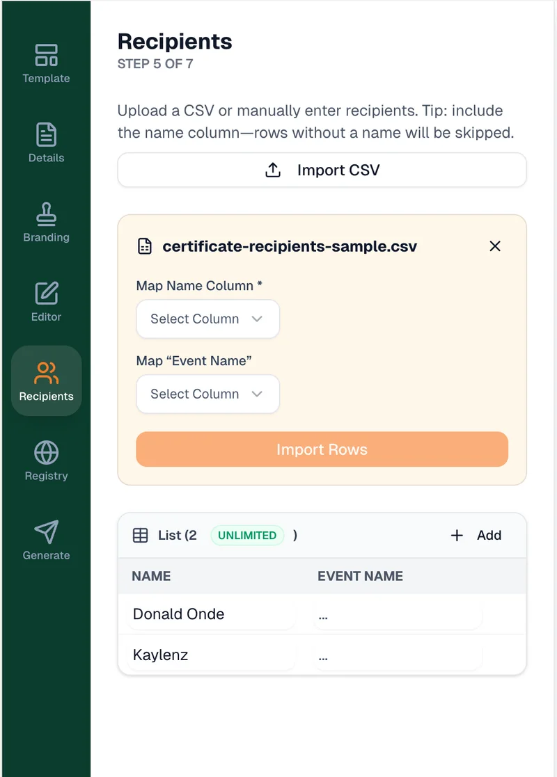 Upload a CSV of recipients to Dasig and position name fields on the certificate