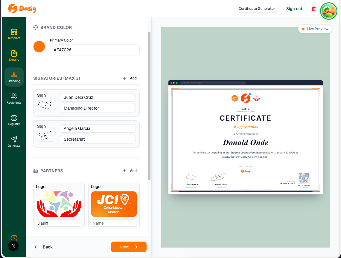 Certificate Generator Wizard - Branding step with signatories and partner logos