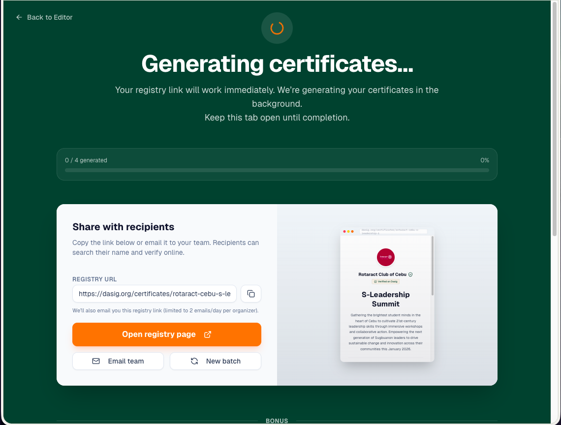Dasig bulk certificate generation in progress
