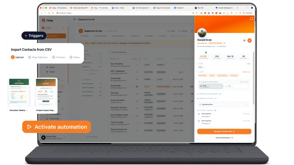 Preview of the Dasig organization workspace: a supporter list with a supporter's profile open