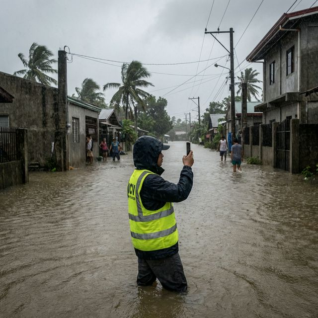 Community volunteer using a smartphone to report flooding during a typhoon in a Philippine village